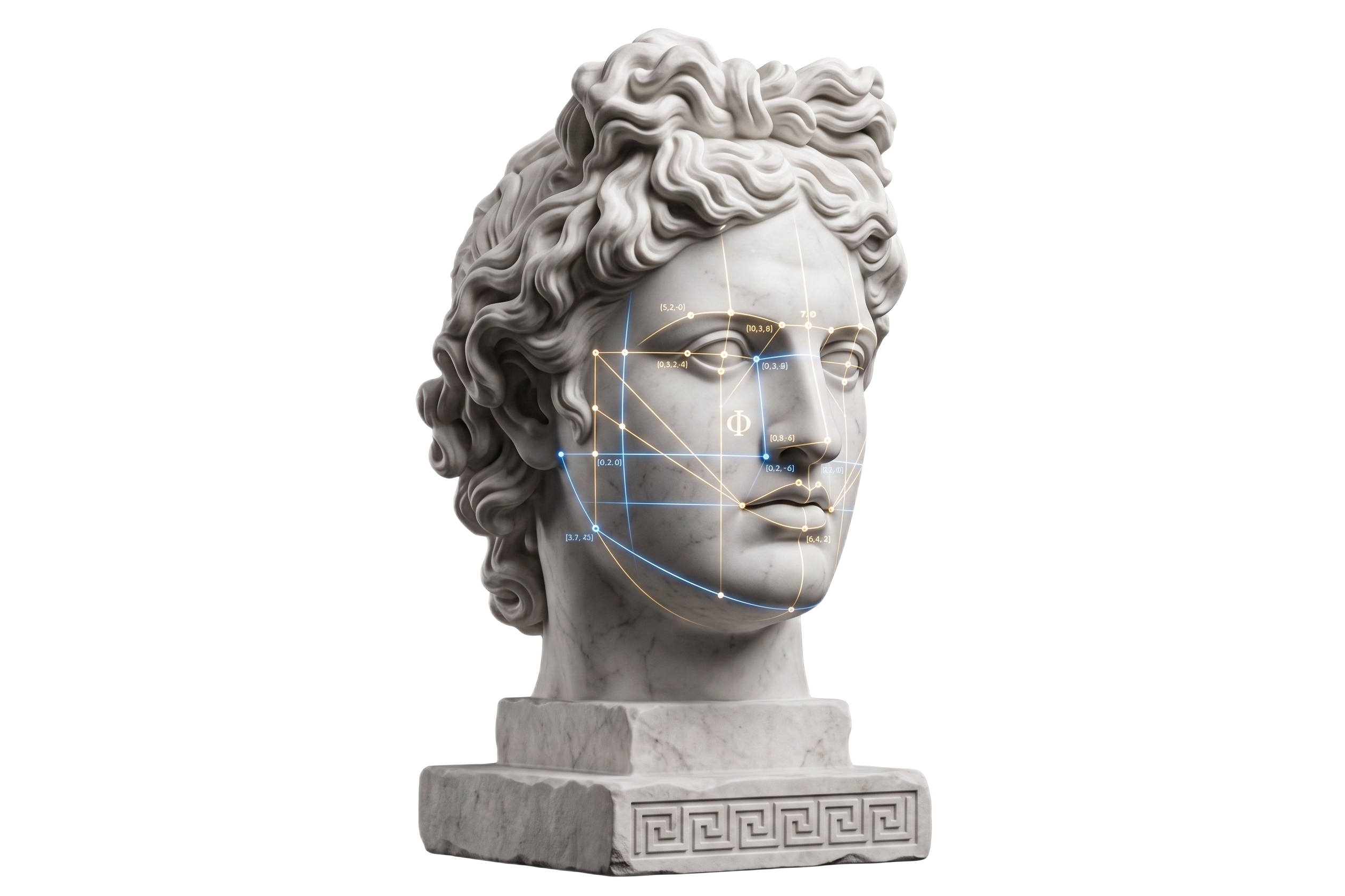 Apollo bust with golden-ratio landmark overlay