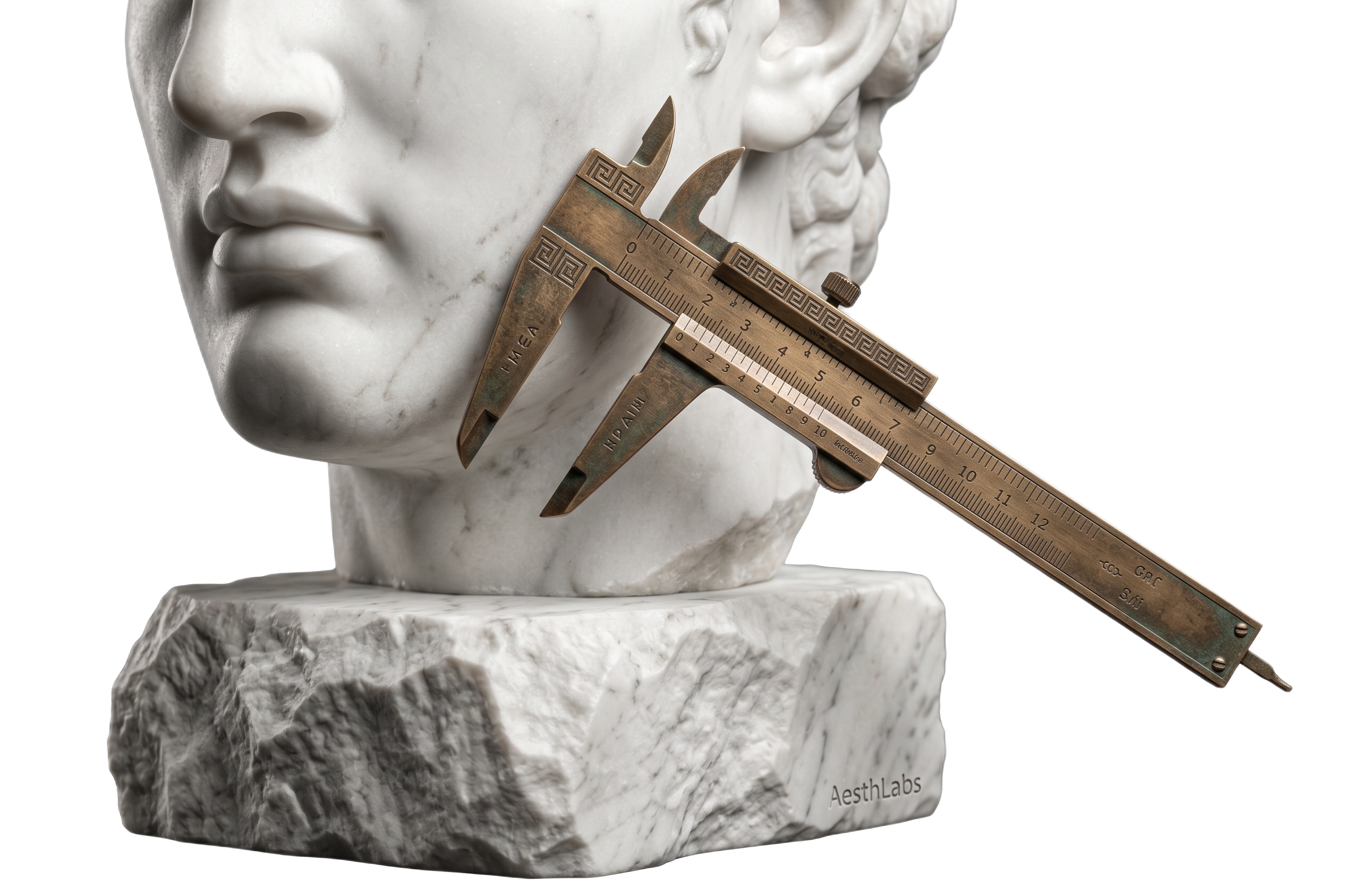 Bronze caliper measuring a marble bust