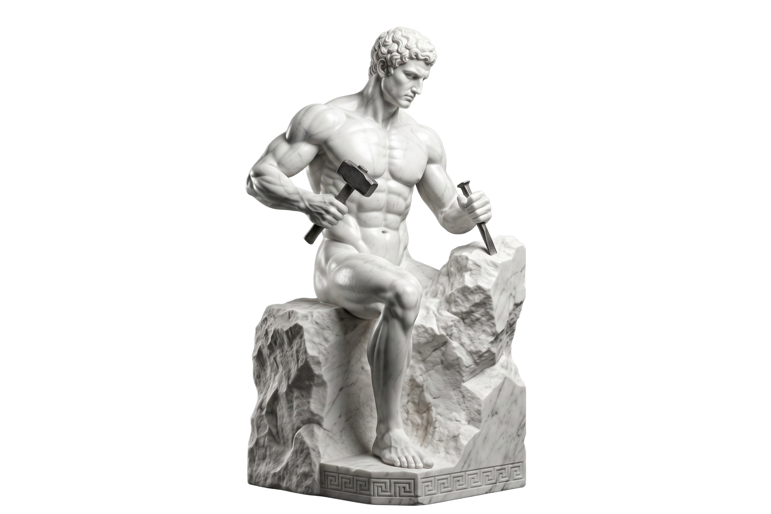 Marble statue sculpting itself with hammer and chisel